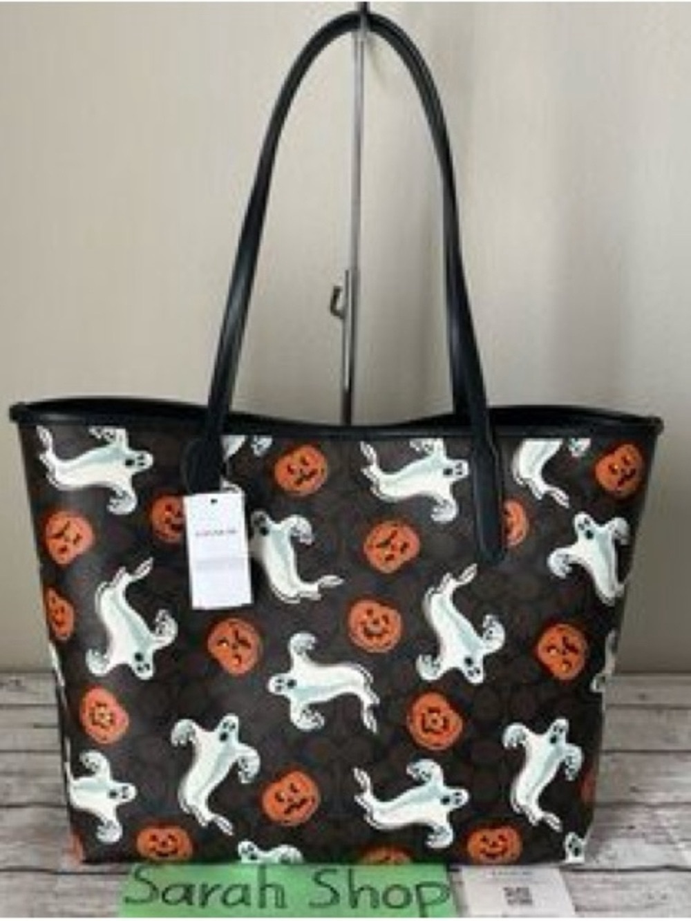 Coach Brown Ghost & Pumpkin Print Tote with Black Trim - Picture 2 of 4